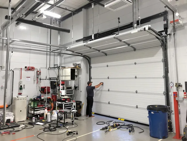Stoneham Garage Door Repair certified technician performing commercial door repair at a Stoneham business facility