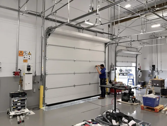 Commercial garage door repair being performed by Stoneham Garage Door Repair expert in Stoneham