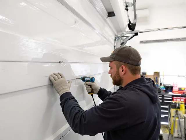 Stoneham Garage Door Repair technician demonstrating precision dent removal techniques on a Stoneham garage door