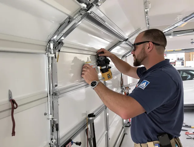 Stoneham Garage Door Repair technician quieting a noisy garage door in Stoneham