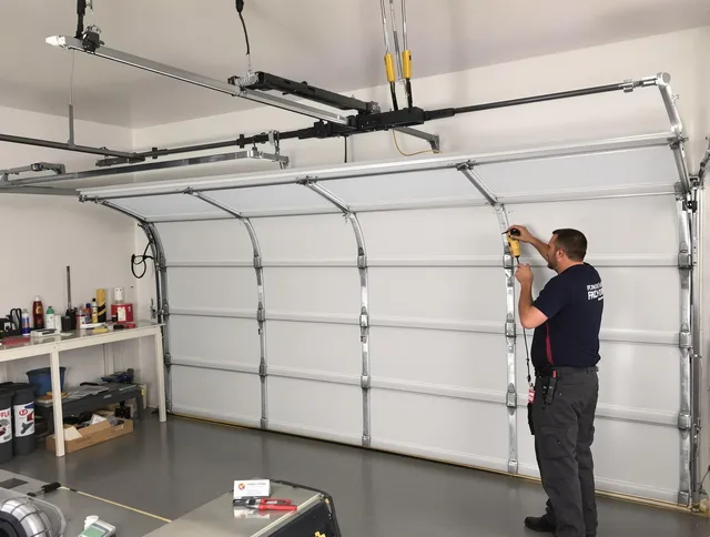 Stoneham Garage Door Repair certified technician performing overhead door system repair in Stoneham