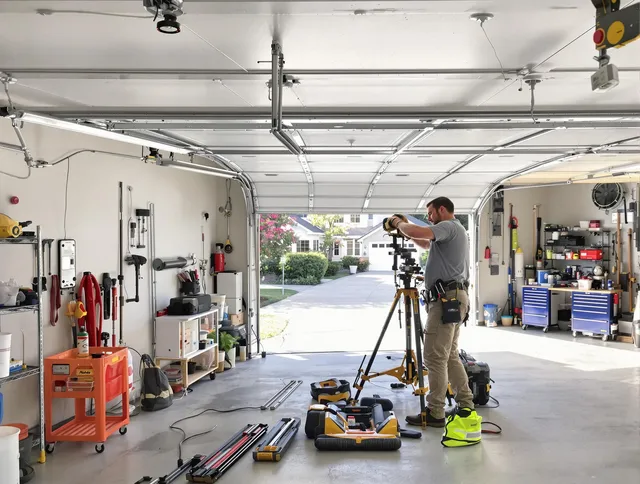 Stoneham Garage Door Repair specialist performing laser-guided track alignment in Stoneham